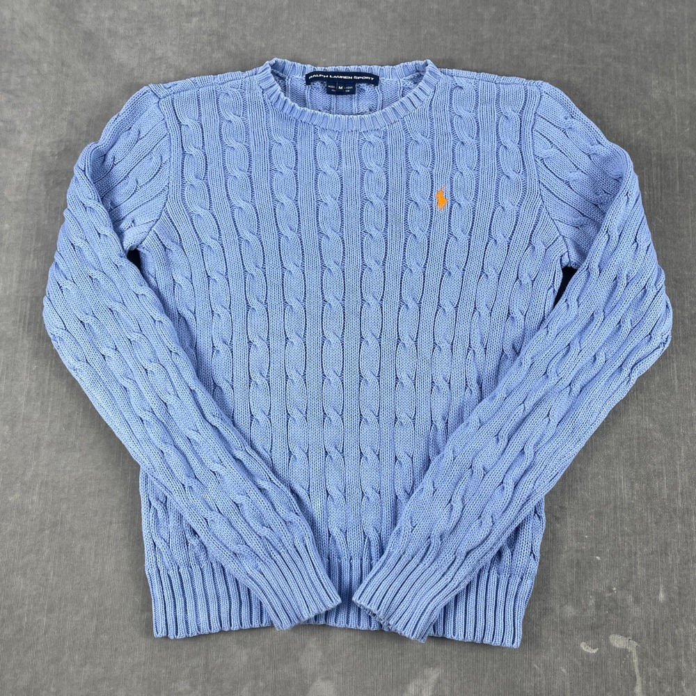 Ralph Lauren Sport Women M Blue Sweater Cable Knit Cotton Crew Neck Pony Logo